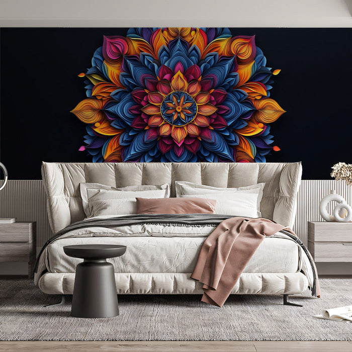 3D Geometric Mandala Mural Wallpaper | Bold Colors on Black Background in Living Room