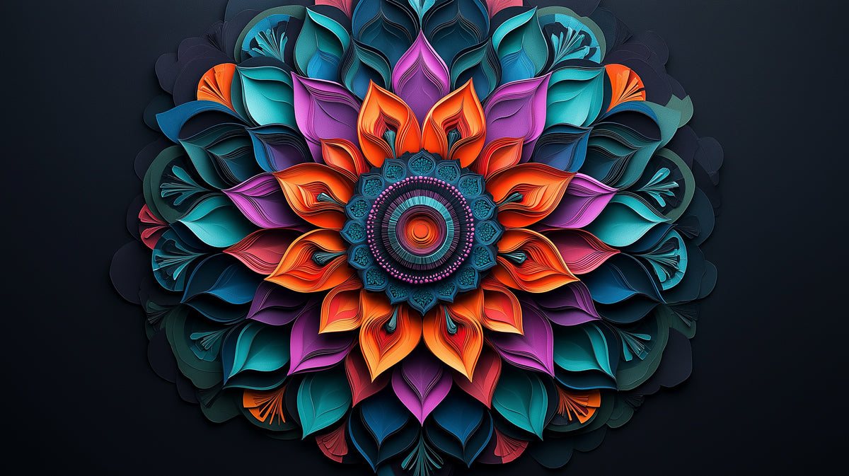 3D Geometric Mandala Mural Wallpaper | Bold Colors on Black Background in Living Room