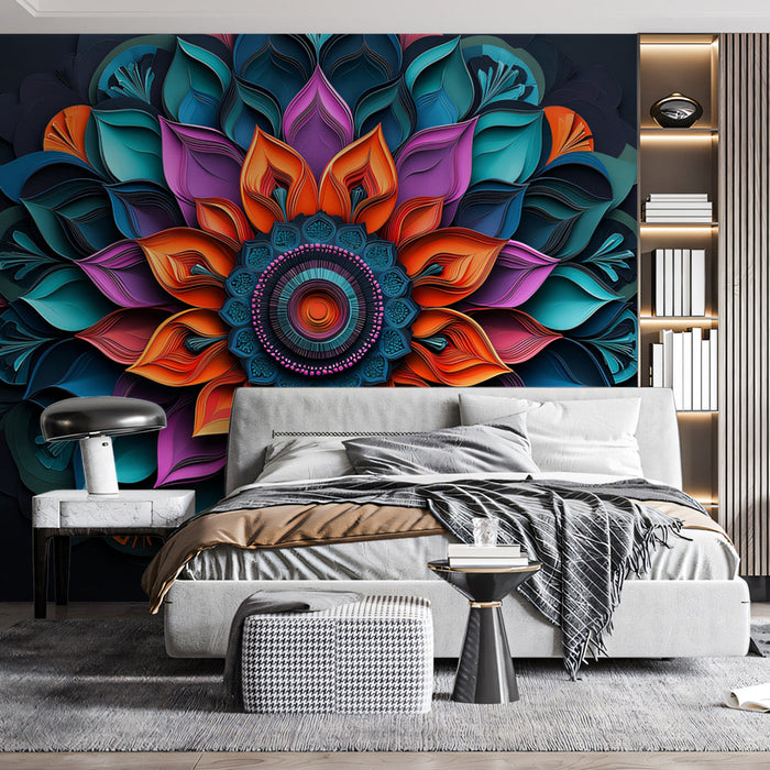 3D Geometric Mandala Mural Wallpaper | Bold Colors on Black Background in Living Room