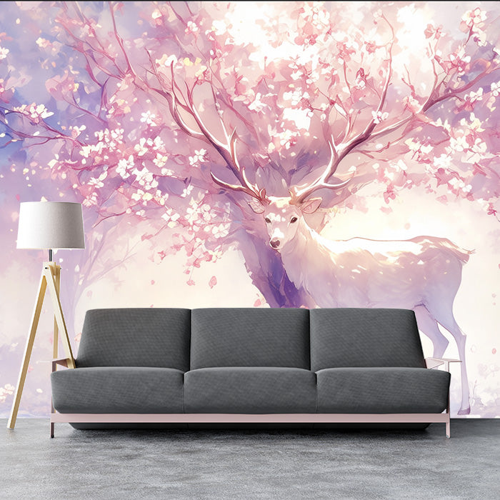 Papier peint mural Cerf rose et violet dans la forêt | Cerf rose, violet, blanc et marron clair -3