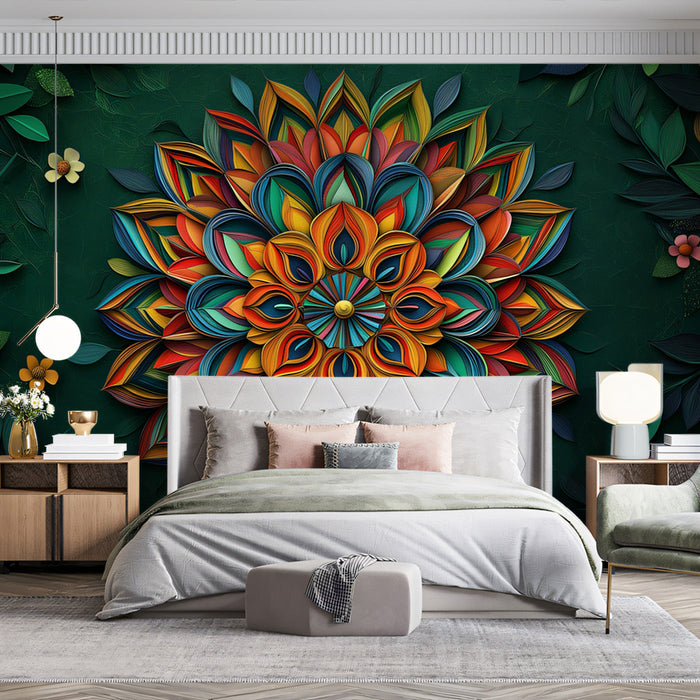 Tropical Mandala Mural Wallpaper | Multicolored on Green Background in Bedroom