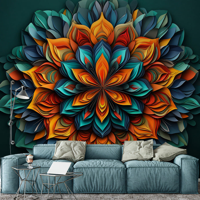 Multicolored Petal Mandala Mural Wallpaper | Vivid and Teal - based Tones in Living Room