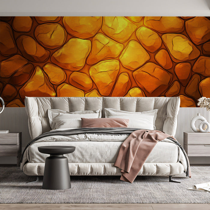 Golden Stone Mural Wallpaper | Warm Orange - Yellow Tones in Bedroom