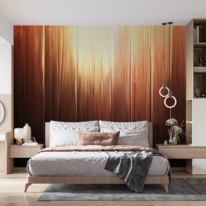 Sunset Glow Wooden Mural Wallpaper | Gradient Warm Tones in Bedroom
