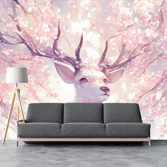 Papier peint mural Cerf rose et violet dans la forêt | Cerf rose, violet, blanc et marron clair -4