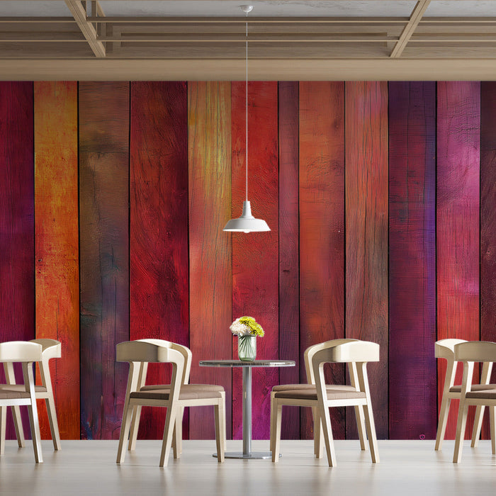 Multicolored Wood Plank Mural Wallpaper | Vivid and Warm Tones in Dining Area