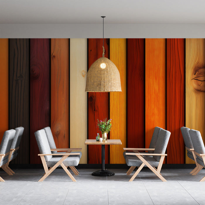 Multicolored Wood Plank Mural Wallpaper | Vivid and Warm Tones in Dining Area