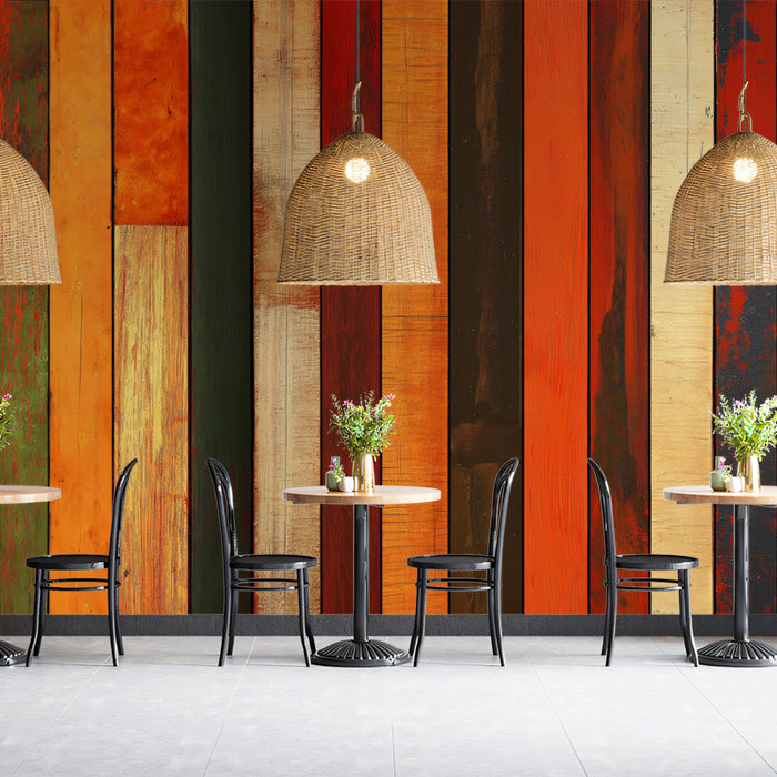 Multicolored Wood Plank Mural Wallpaper | Vivid and Warm Tones in Dining Area