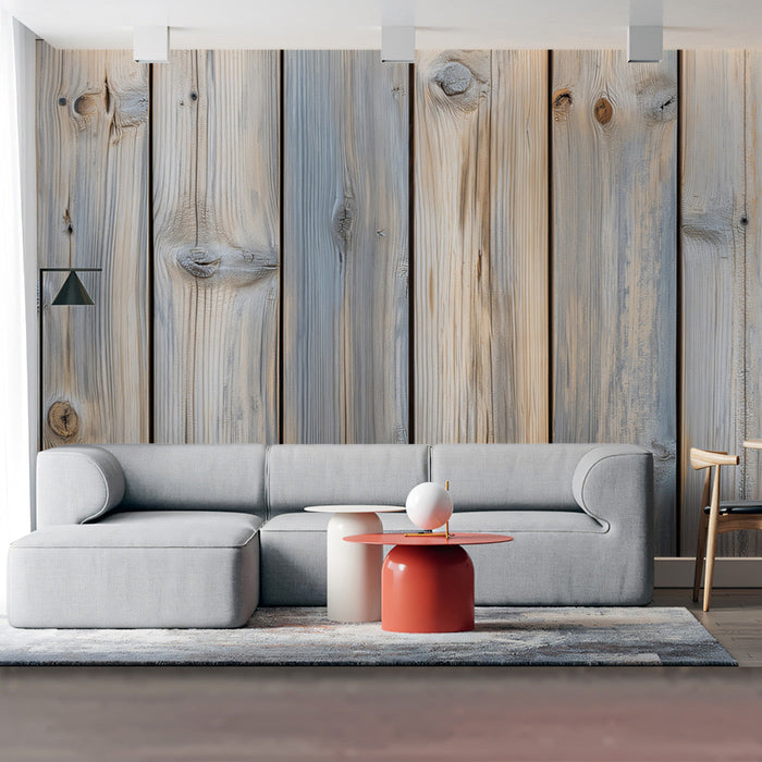 Weathered Wood Mural Wallpaper | Gray and Beige Tones in Living Room
