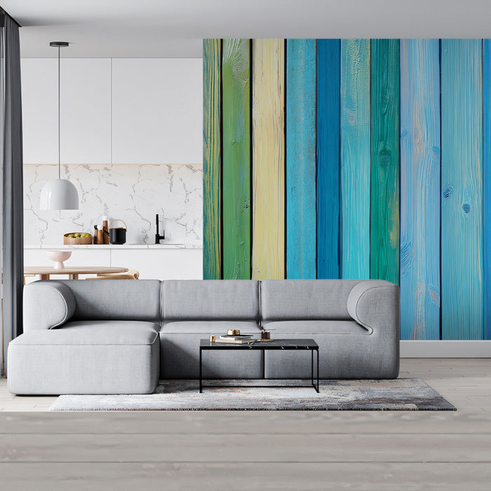 Weathered Wood Mural Wallpaper | Gray and Beige Tones in Living Room