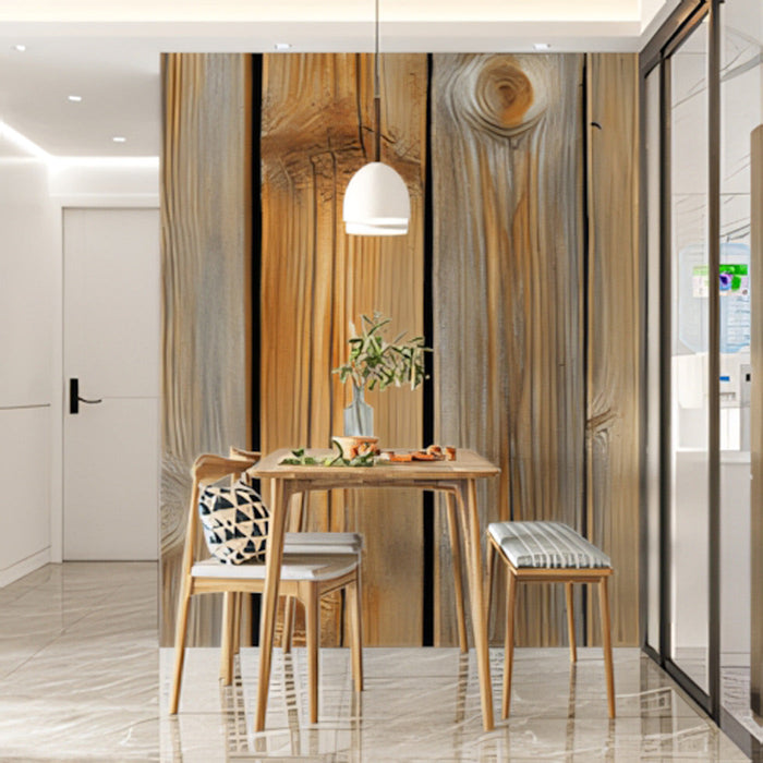 Weathered Wood Mural Wallpaper | Gray and Beige Tones in Living Room