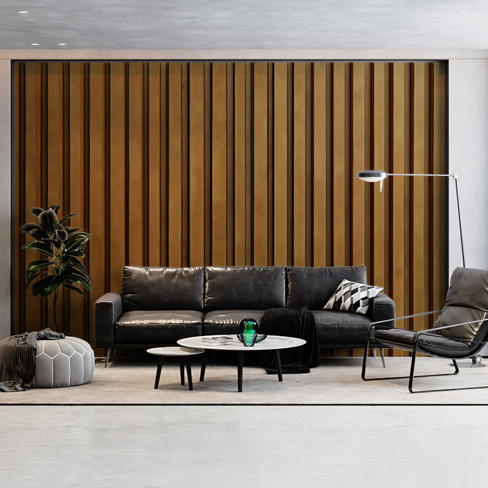 Vertical Wood Stripe Mural Wallpaper | Brown Tones in Living Room