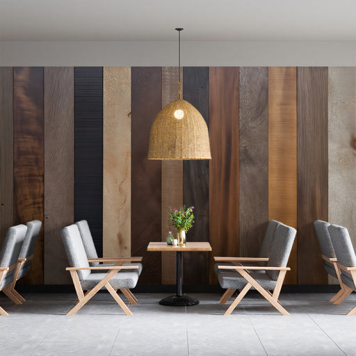 Multicolored Wood Plank Mural Wallpaper | Earthy Tones in Seating Area