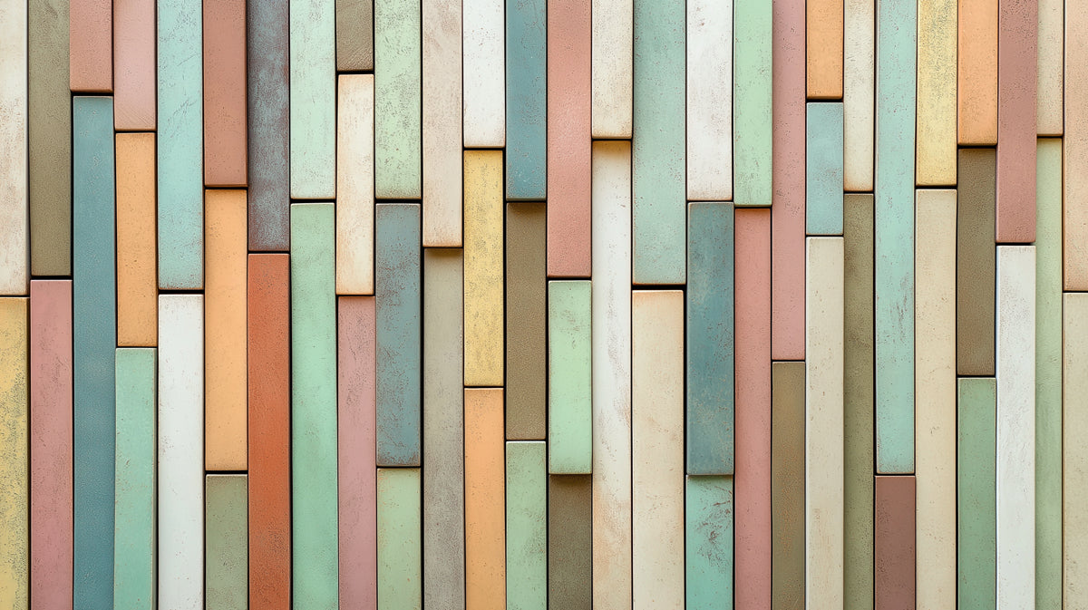 Pastel Wood Block Mural Wallpaper | Soft Tones in Seating Area