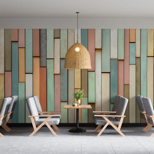 Pastel Wood Block Mural Wallpaper | Soft Tones in Seating Area
