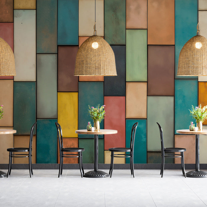 Pastel Wood Block Mural Wallpaper | Soft Tones in Seating Area