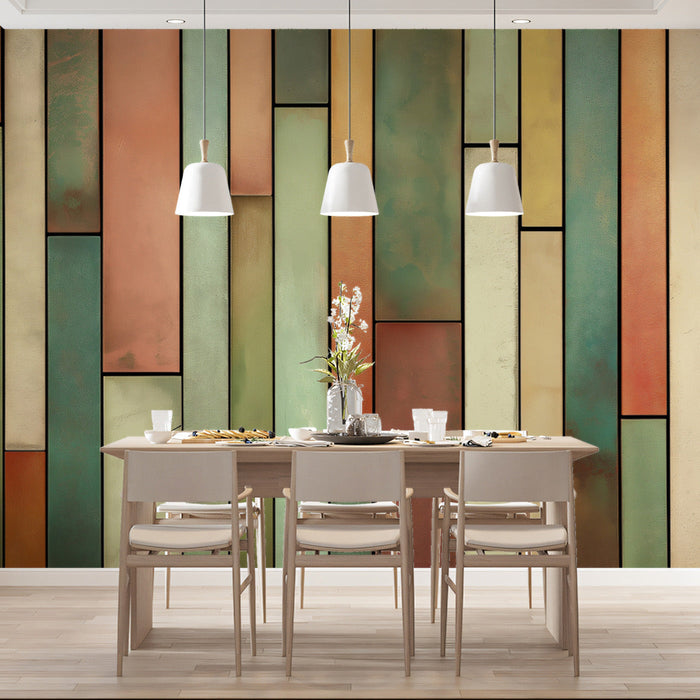 Pastel Wood Block Mural Wallpaper | Soft Tones in Seating Area