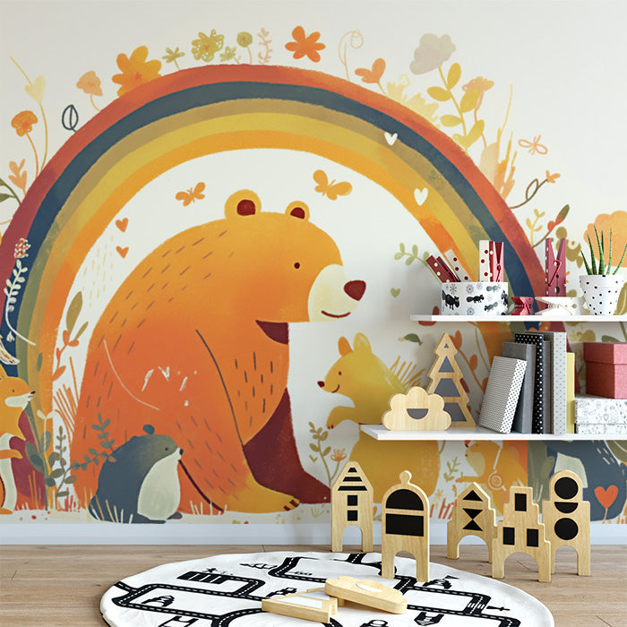 Regenbogen- und Bär-Mural-Wandpapier für ein Kinderzimmer | Orange, Gelb, Rot, Grün und Braun bär mit Regenbogen