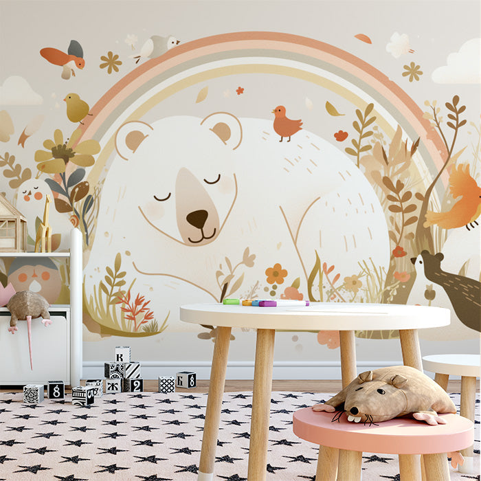 Tappeto murale arcobaleno e orso dormiente per una stanza da gioco | Orso beige arancione giallo verde e marrone con arcobaleno