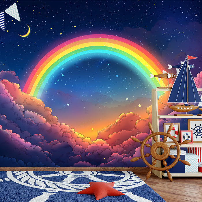 Carta da parati murale del cielo notturno con arcobaleno | Arcobaleno blu viola rosa giallo e arancione notturno