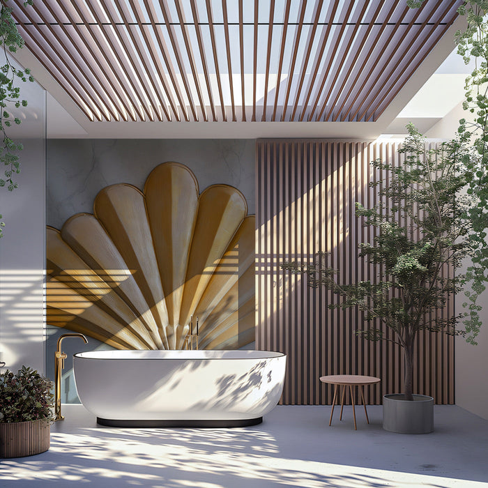 Golden Shell - inspired Mural in Bathroom | Luxury and nature design