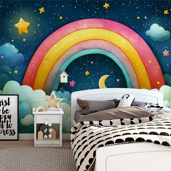 Regenbogen- und Stern-Wandbildtapete | Blau Rosa Gelb Grün und Weiß Regenbogen Sterne