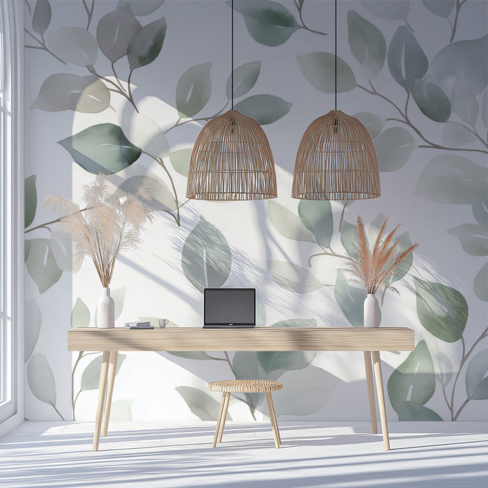 Green Leaf Mural in Home Office | Modern and rustic design for a home office