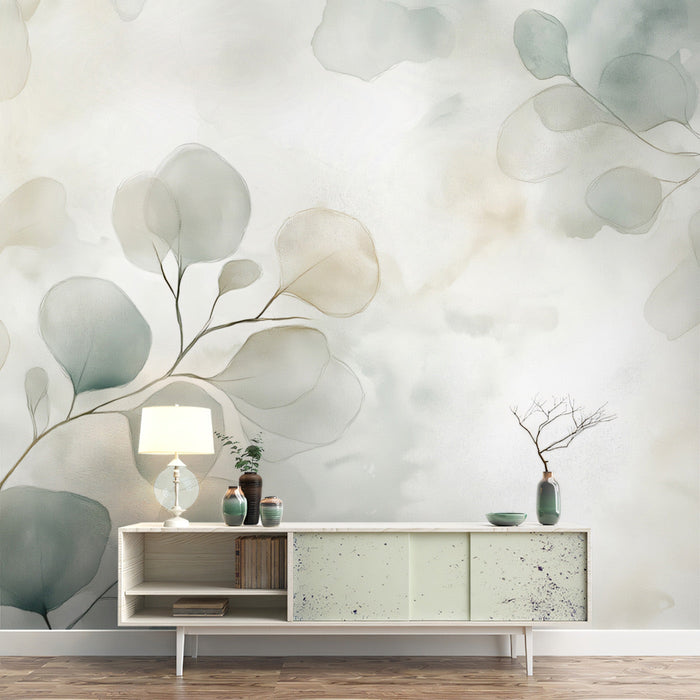 Watercolor - inspired Leaf Mural in Living Area | Modern and artistic design