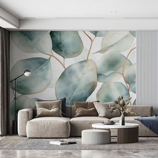 Watercolor - inspired Leaf Mural in Living Area | Modern and artistic design