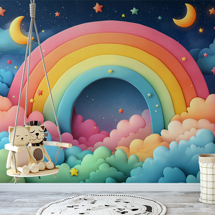 Regenbogen- und Stern-Wandbildtapete | Blau, Rosa, Gelb, Grün und Weiß Regenbogen-Sterne -1
