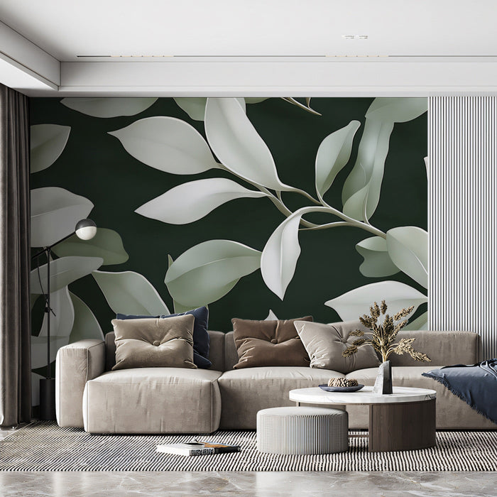 Green and White Leaf Mural in Living Room | Modern and cozy design