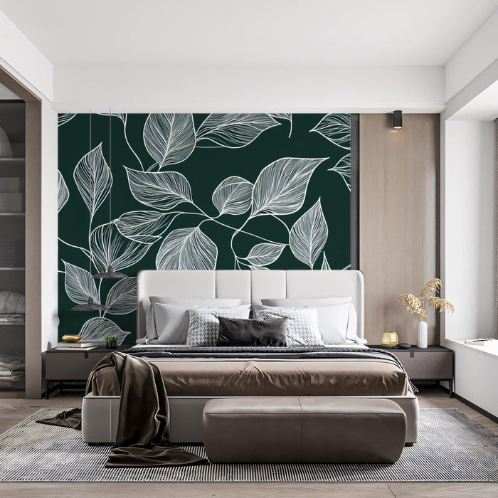 White - on - Green Leaf Mural in Bedroom | Nature and minimalist decor