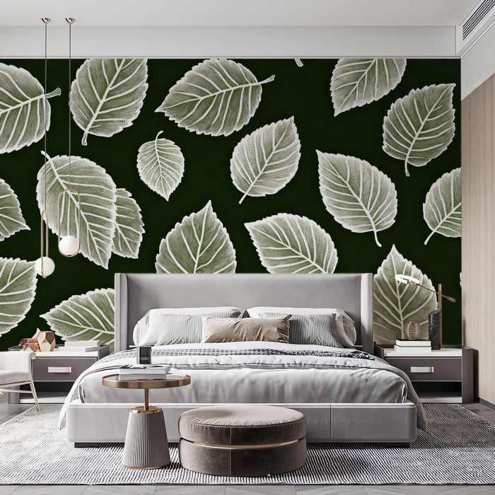 White - on - Green Leaf Mural in Bedroom | Nature and minimalist decor