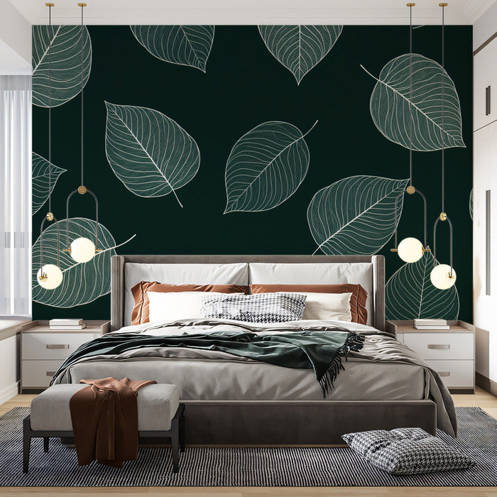 White - on - Green Leaf Mural in Bedroom | Nature and minimalist d¨¦cor