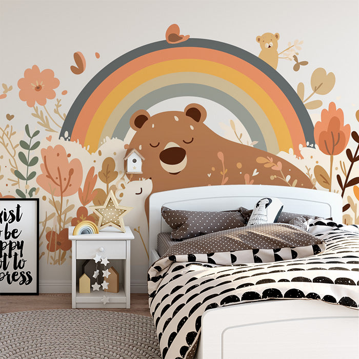 Regenbogen- und Schlafender Bär Wandbild für ein Schlafzimmer | Beiger, orangener, gelber, grüner und brauner Bär mit Regenbogen