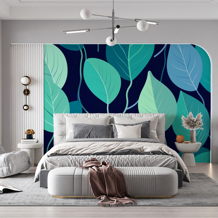 Teal and Blue - green Leaf Mural in Bedroom | Stylish design