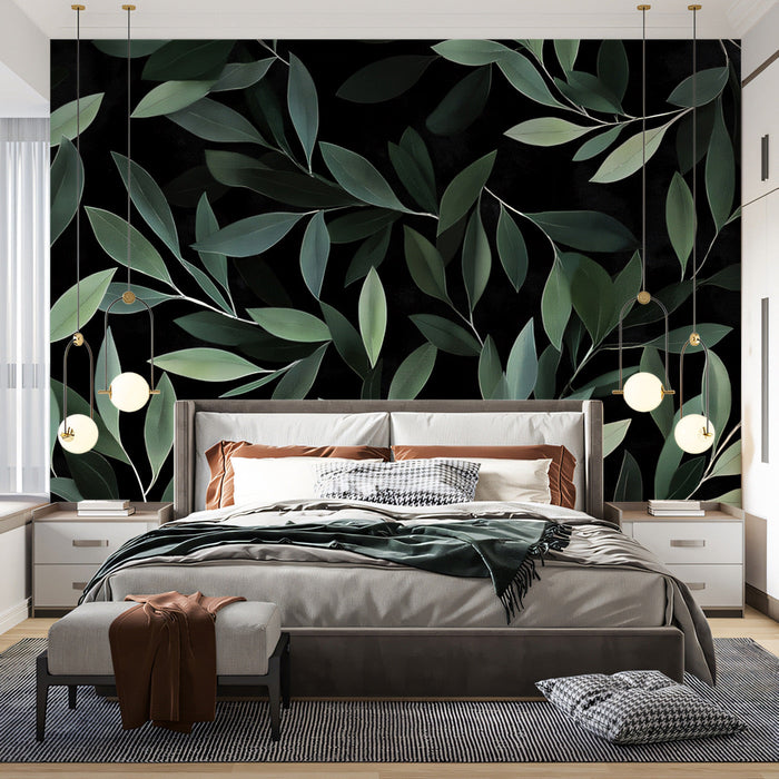Dark Green and Light Green Leaf Mural in Bedroom | Modern and serene design