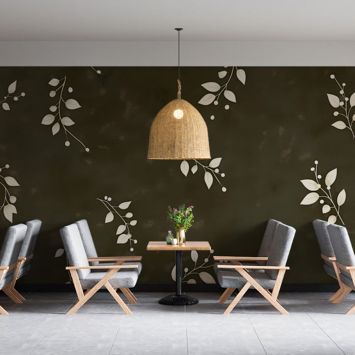 Olive - Green and White Leaf Mural in Lounge Area | Modern and rustic design
