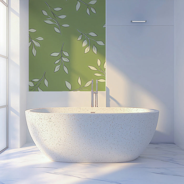Light Green and White Leaf Mural in Bathroom | Modern and minimalist design