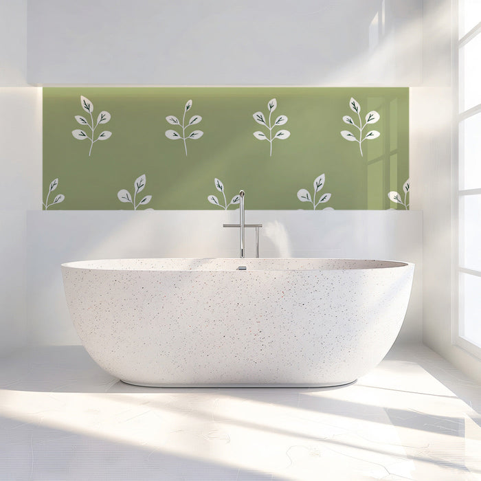 Light Green and White Leaf Mural in Bathroom | Modern and minimalist design