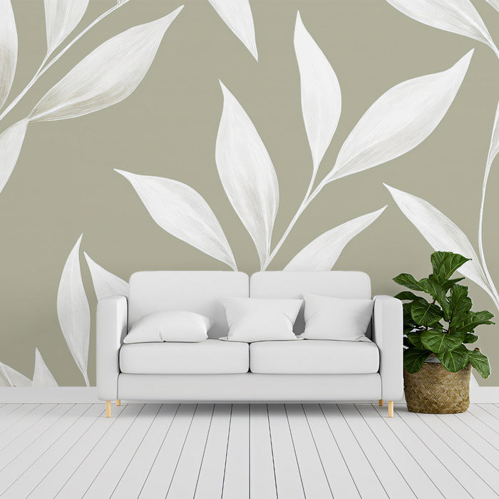 Beige and White Leaf Mural in Living Room | Modern and minimalist design