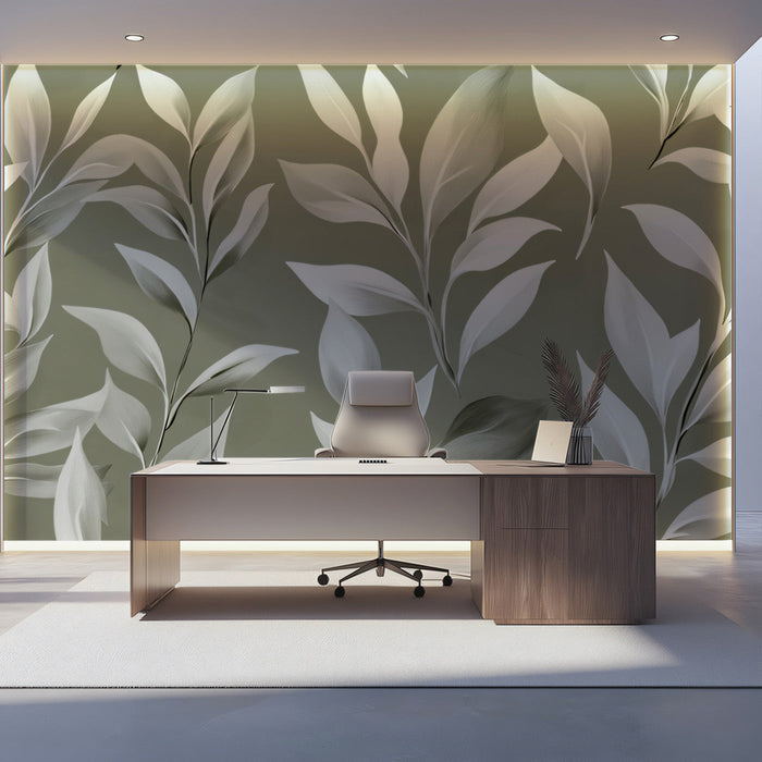 Beige and White Leaf Mural in Living Room | Modern and minimalist design