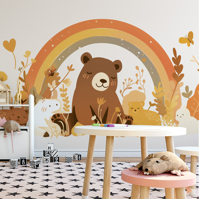 Regenbogen- und Schlafender Bär Wandtapete für ein Kinderzimmer | Beiger, orangener, gelber, grüner und brauner Bär mit Regenbogen