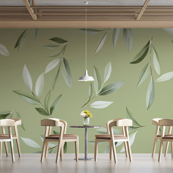 Soft Green Leaf Mural in Caf¨¦ - like Space | Modern and nature design with minimalist