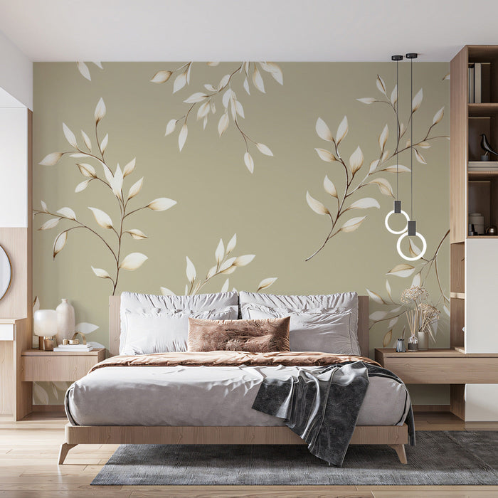 Earth - toned Leaf Mural in Bedroom | Modern and rustic design