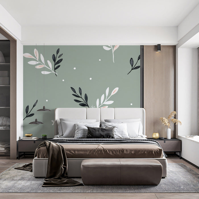 Pastel - accented Leaf Mural in Bedroom | Modern styish design