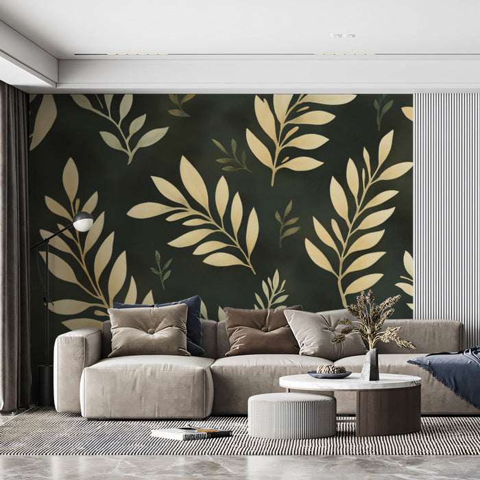 Dark Green and Gold - toned Leaf Mural in Living Room | Modern and luxury design