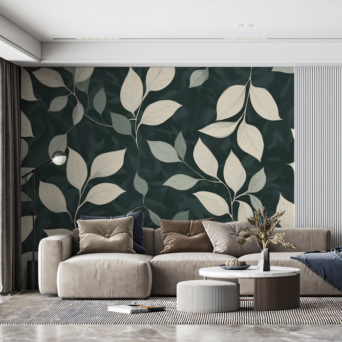 Deep Green and Light - hued Leaf Mural in Living Room | Modern and nature design