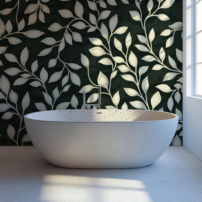 Dark Green and White Leaf Mural in Bathroom | Modern and minimalist design