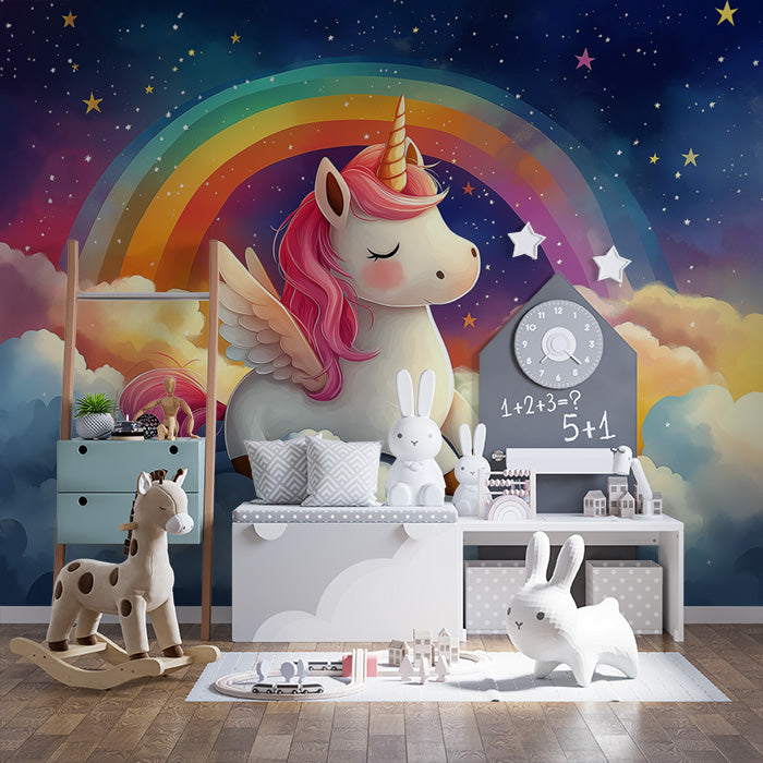 Nachthimmel mit Regenbogen Wandbildtapete | Blau, Lila, Rosa, Gelb und Orange Regenbogen Nacht -1